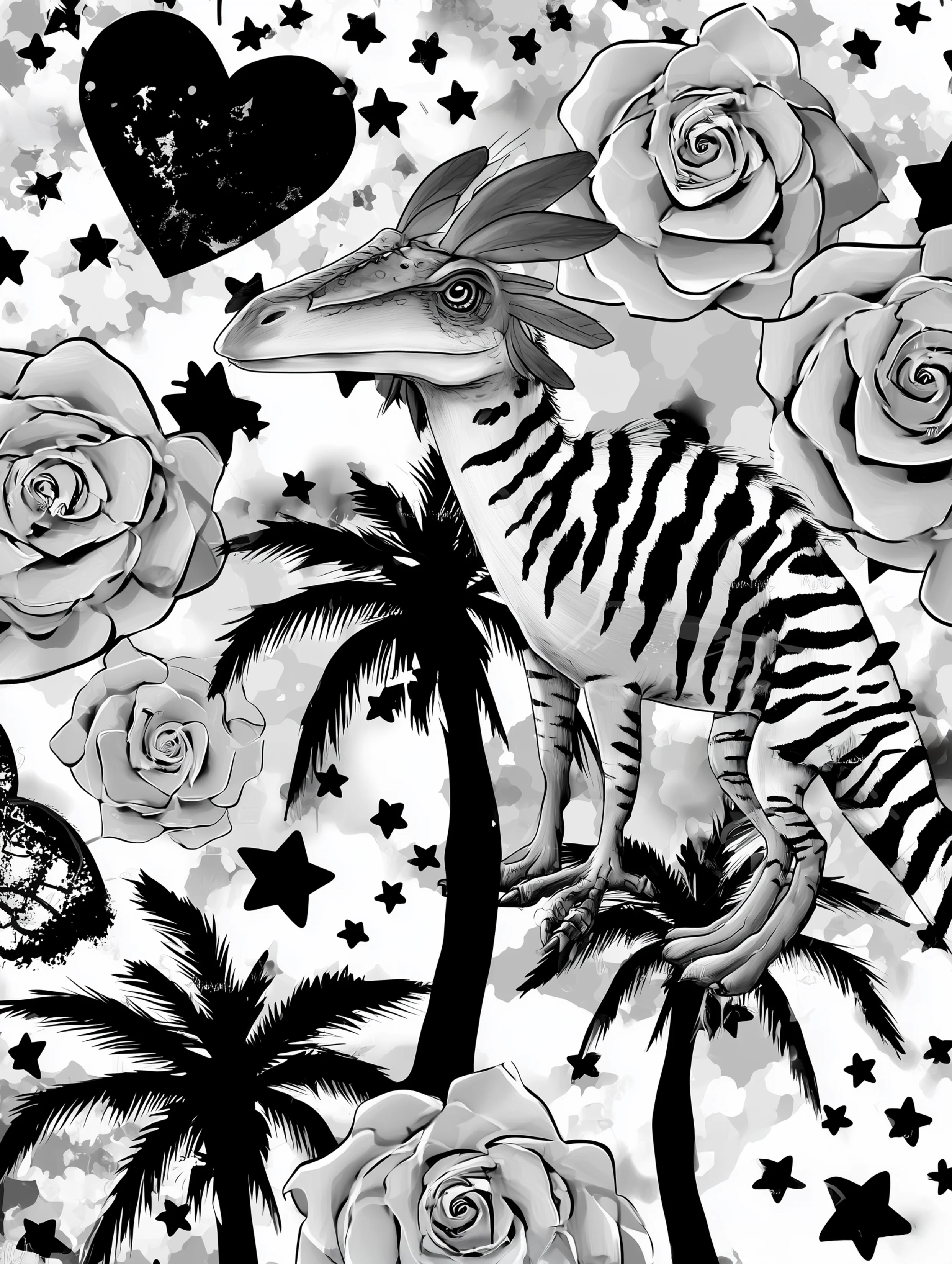 Free printable dinosaur coloring page for adults featuring a skinny dinosaur with palm trees